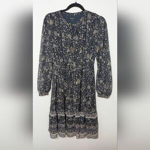 Thursday Island Navy Floral Boho Dress Button Front Tie Waist Long Sleeve Size S